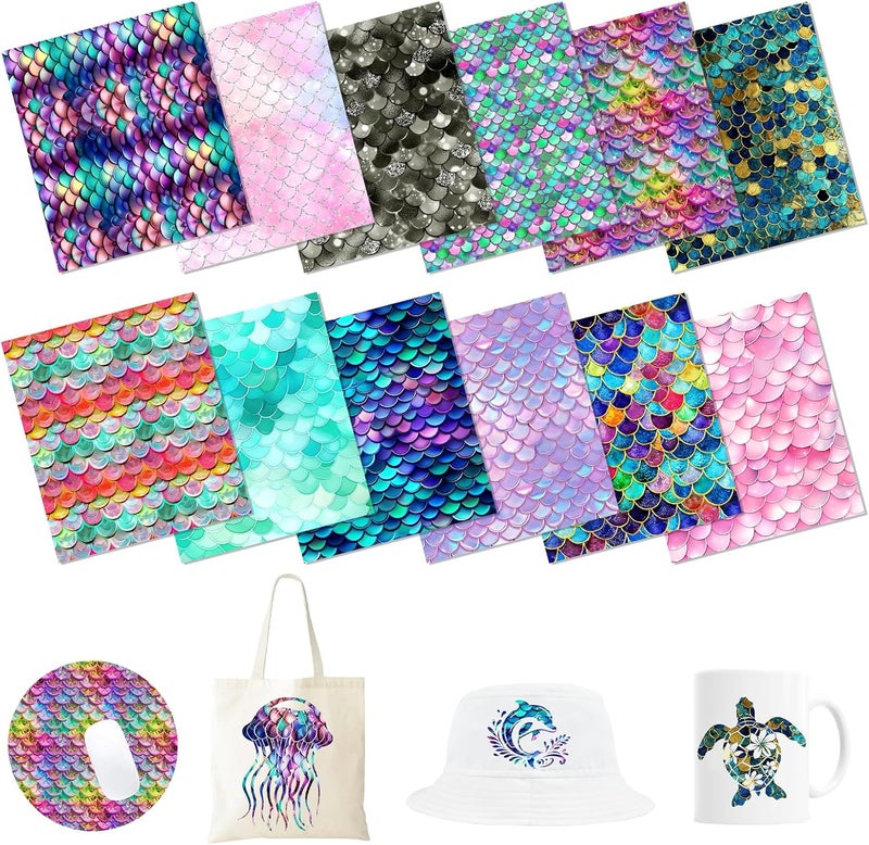 HTVSTD Fish Scale Sublimation Ink Transfer Sheets 12 Sheets 12'' x 10'' Mermaid Scale Bright Rainbow Fish Scale Sublimation Paper Pattern Transfer Sheets for Mugs Tumblers DIY - Image 1